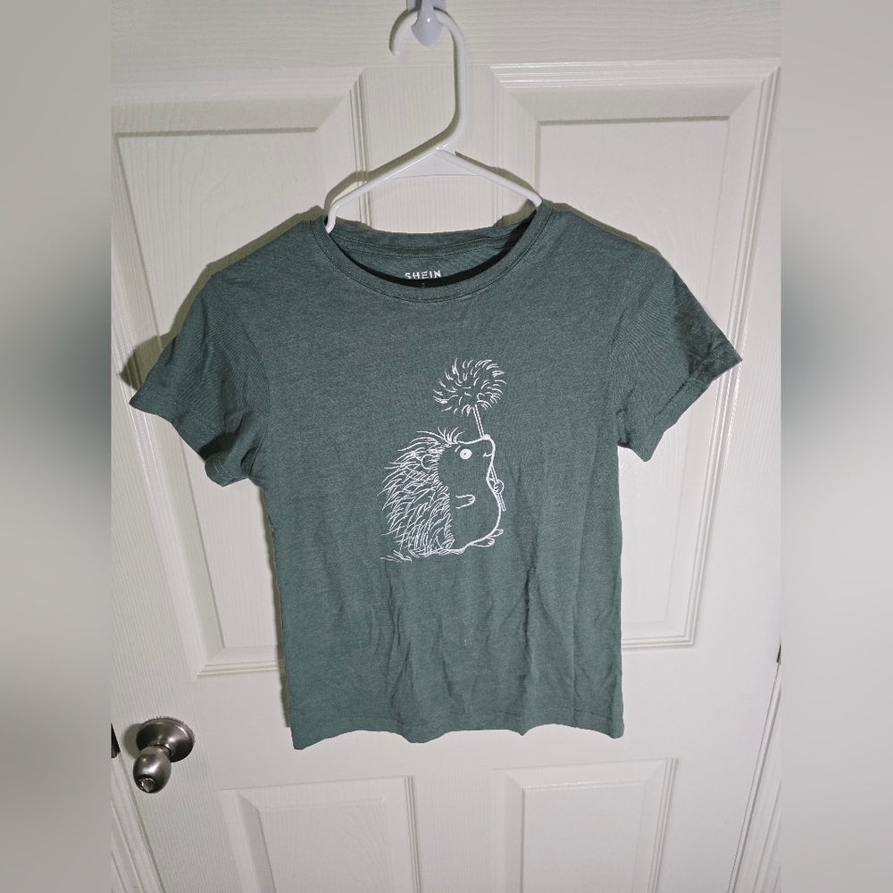 Shein Girls Hedgehog Green Casual Short Sleeve Tee Small